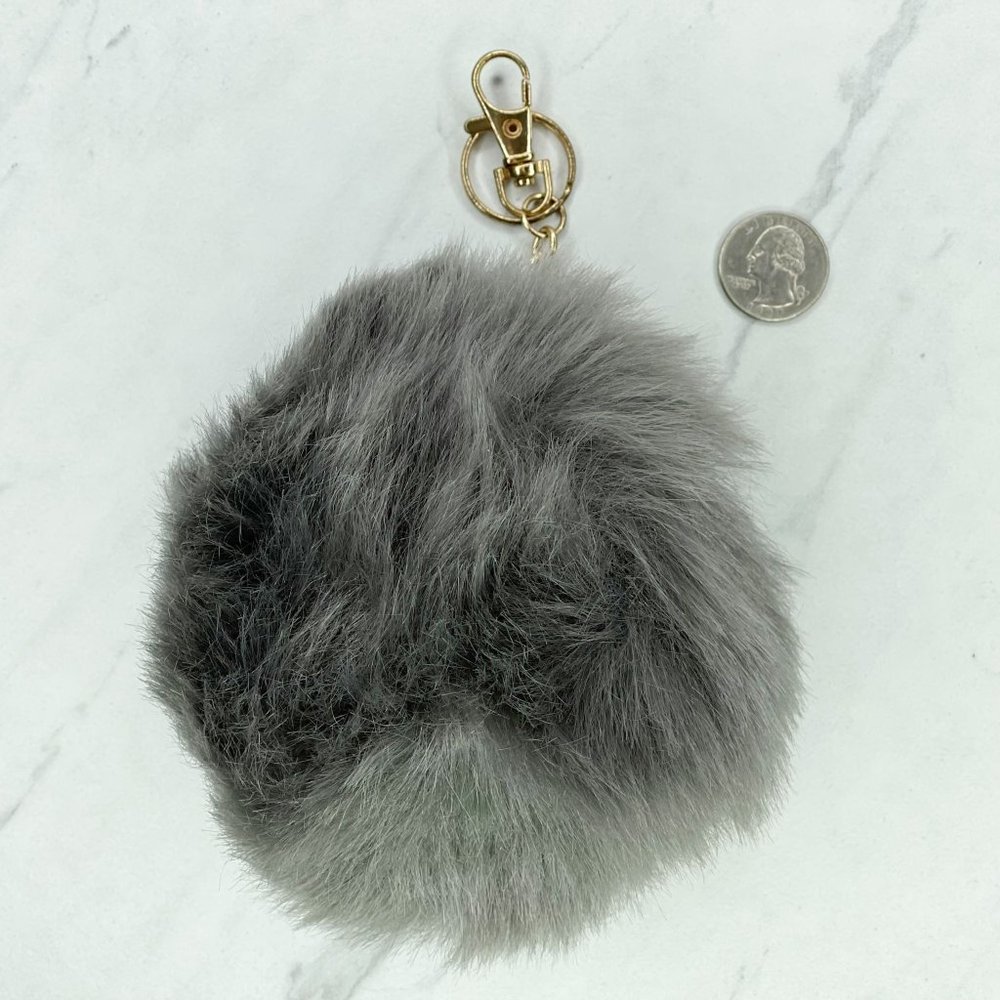Gray Large Faux Fur Furry Puffball Bag Charm Keychain Keyring